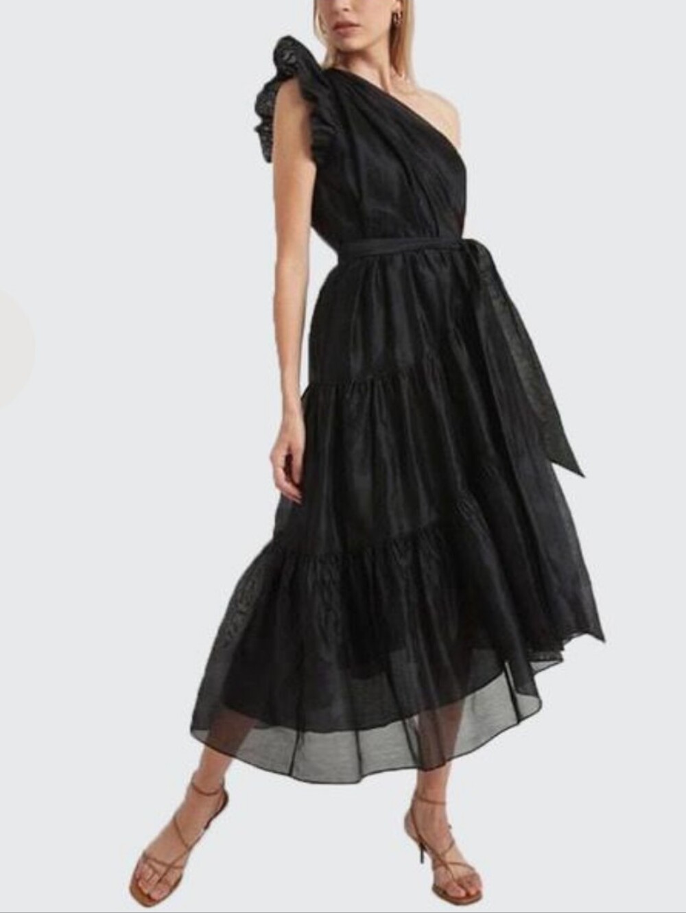 Ulla Johnson Ariane Black One Shoulder Silk Asymmetrical Tiered Dress Size 4